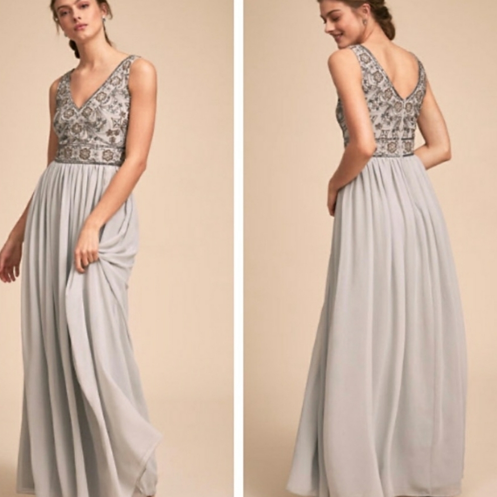 BHLDN Gray Embellished Maxi Dress wedding guest formal gala prom